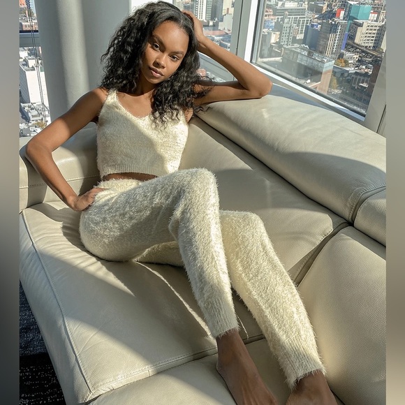 Lulus Set - Cream Fuzzy Cropped Tank & Drawstring Joggers - Picture 2 of 14